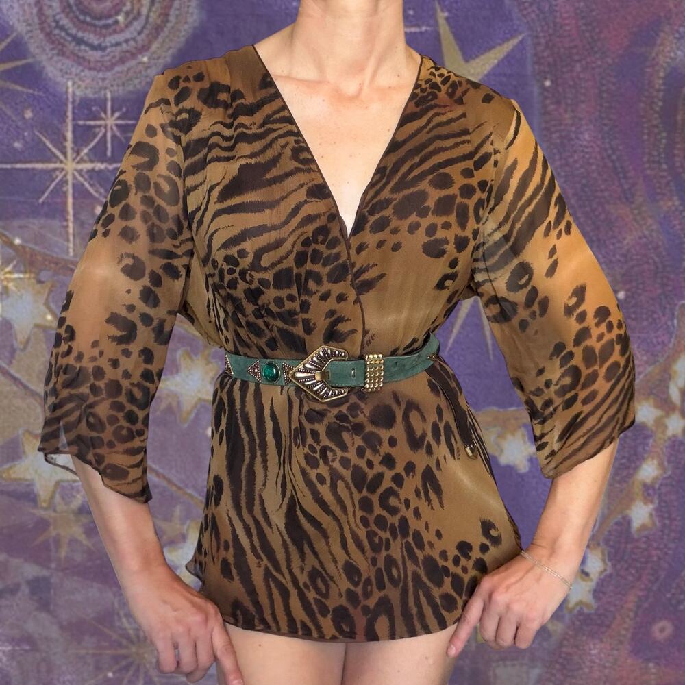 Vintage Y2K Vision Apparel 100% Silk Leopard Tiger Print Top Plus Size 2X